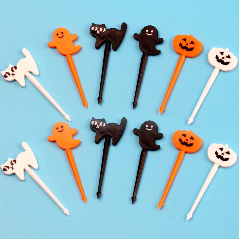 Mix Set Plastic Halloween Toothpicks Pumpkin Ghost Bat Fruit Fork Dessert Cocktail Cake Decoration Picks Halloween Party Supply