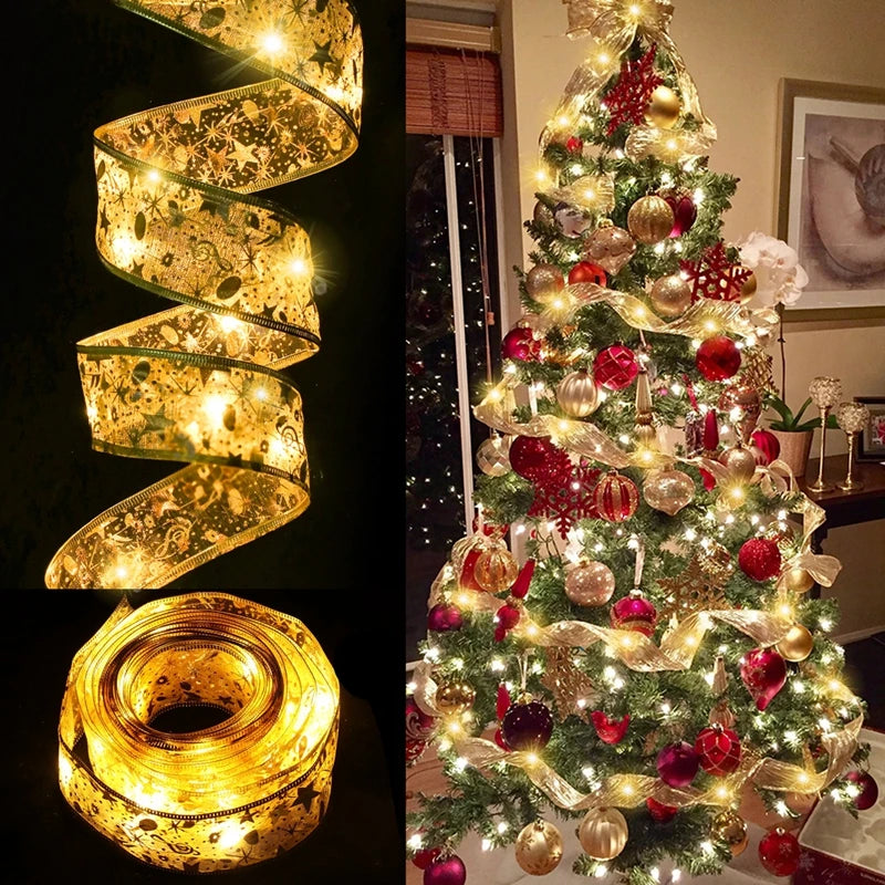 Christmas Ribbon Fairy Light String Merry Christmas Decorations For Home 2024 Xmas Tree Ornament Xmas Navidad Gift New Year 2025