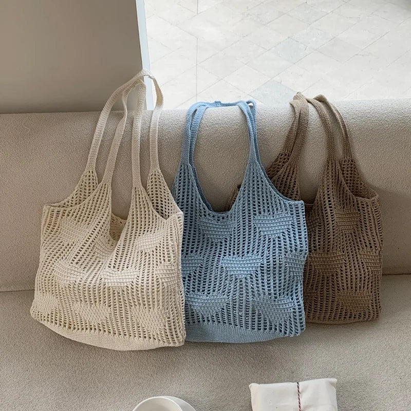 Retro Knitted Mesh Hollow Heart Weaving Ladies Versatile Single Shoulder Bag Woolen Handbag Shopping Bag Polyester Tote Bag