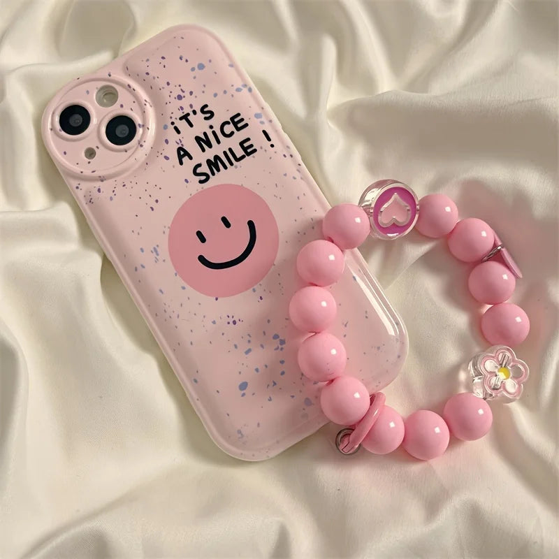 Pink Spotted Smiley Face Phone Case For iPhone 14 Plus 7 8 X XS XR 11 12 13 Pro Max Silicone Cases Cover With chain