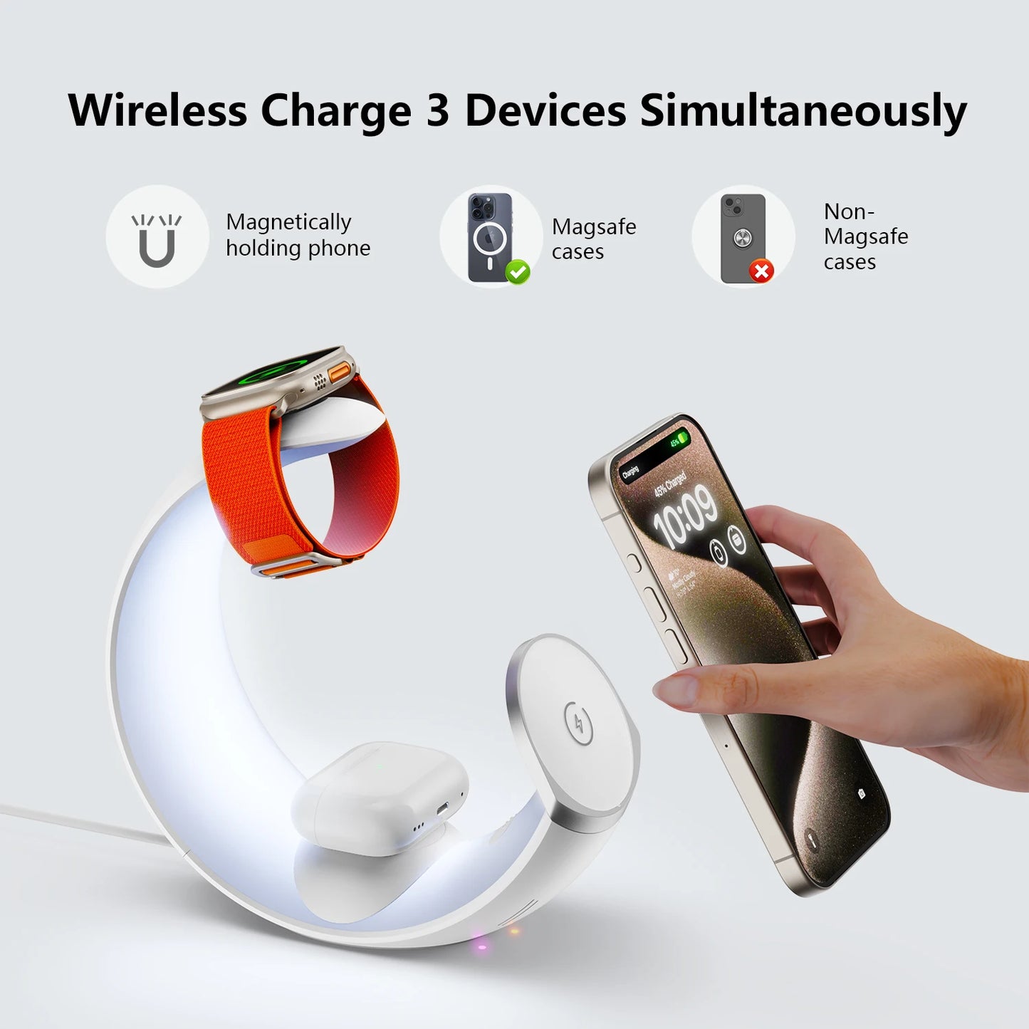 MagSafe Wireless Charger Air Pods Apple Watch Moon Phone Holder Night Light RGB Bedroom Office Home For iPhone Samsung iWatch