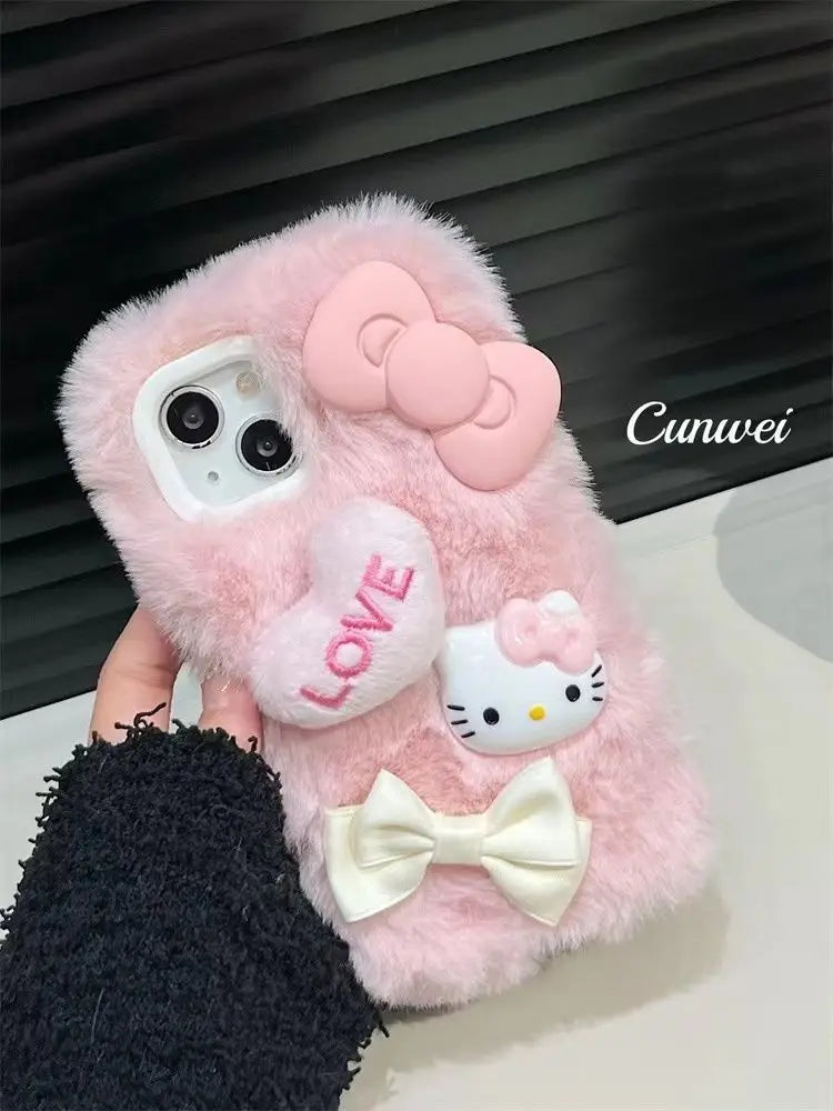 Sanrio Cute Love 3D Bow Hello Kitty Plush Phone Case For iPhone 15 14 13 12 11 Pro Max Mini XR XS MAX 8 X XS 7 SE Plus Cover