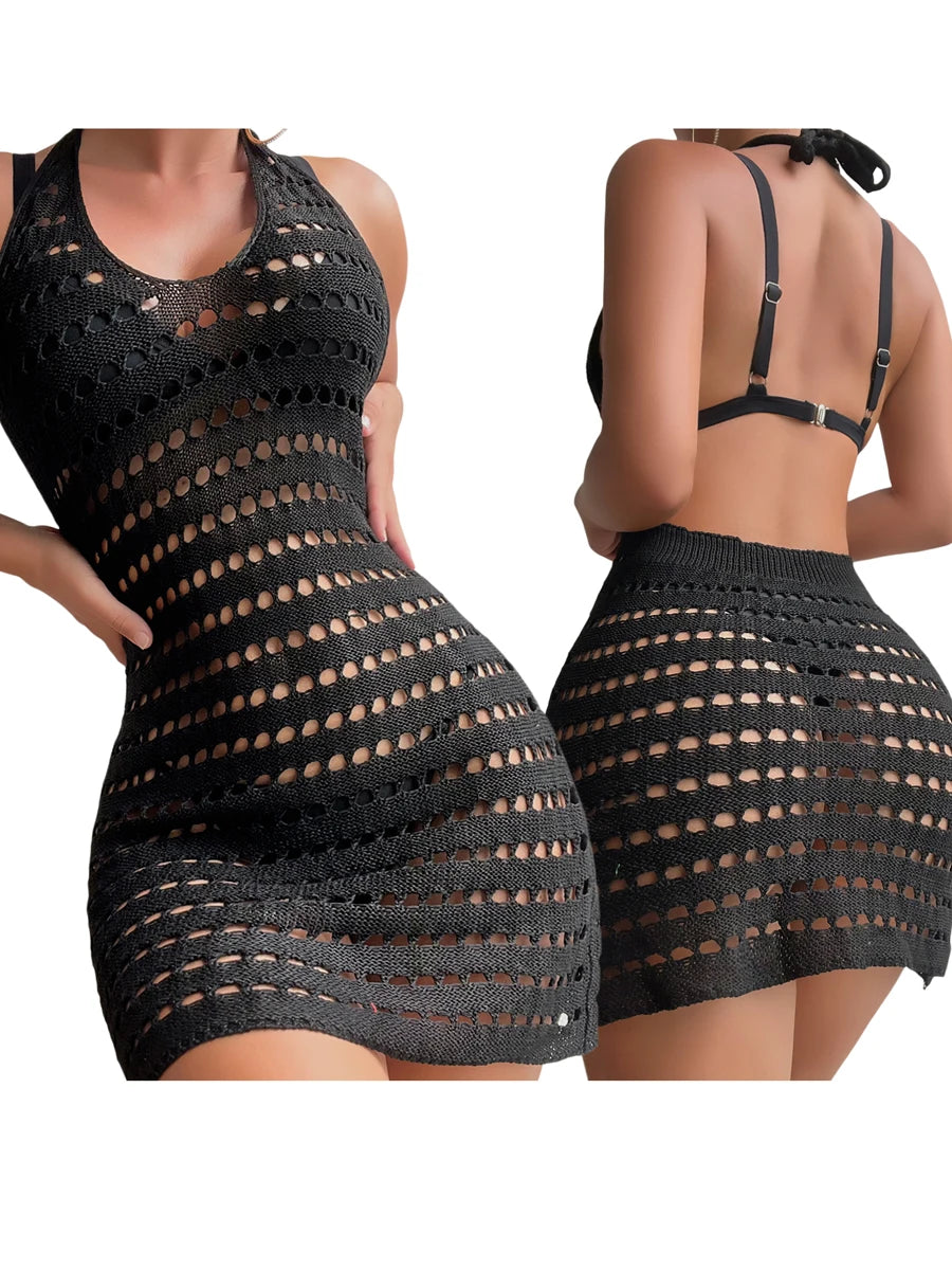Women s Lace Crochet Swimsuit Cover Up Sexy Sheer Sleeveless Hollow Out Halter Beach Dress with Tassel Trim