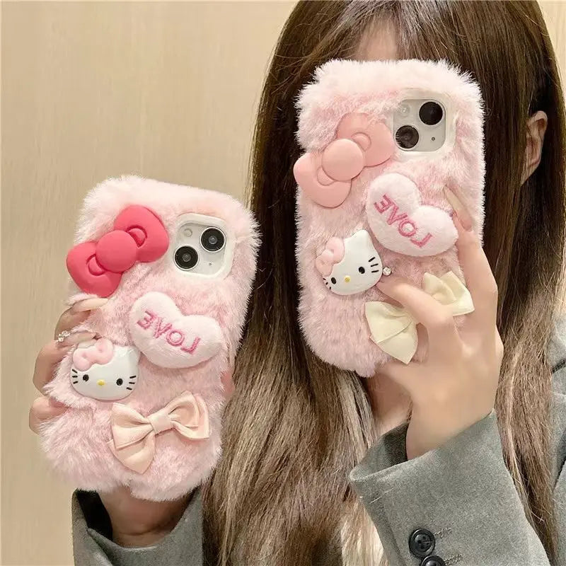 Sanrio Cute Love 3D Bow Hello Kitty Plush Phone Case For iPhone 15 14 13 12 11 Pro Max Mini XR XS MAX 8 X XS 7 SE Plus Cover