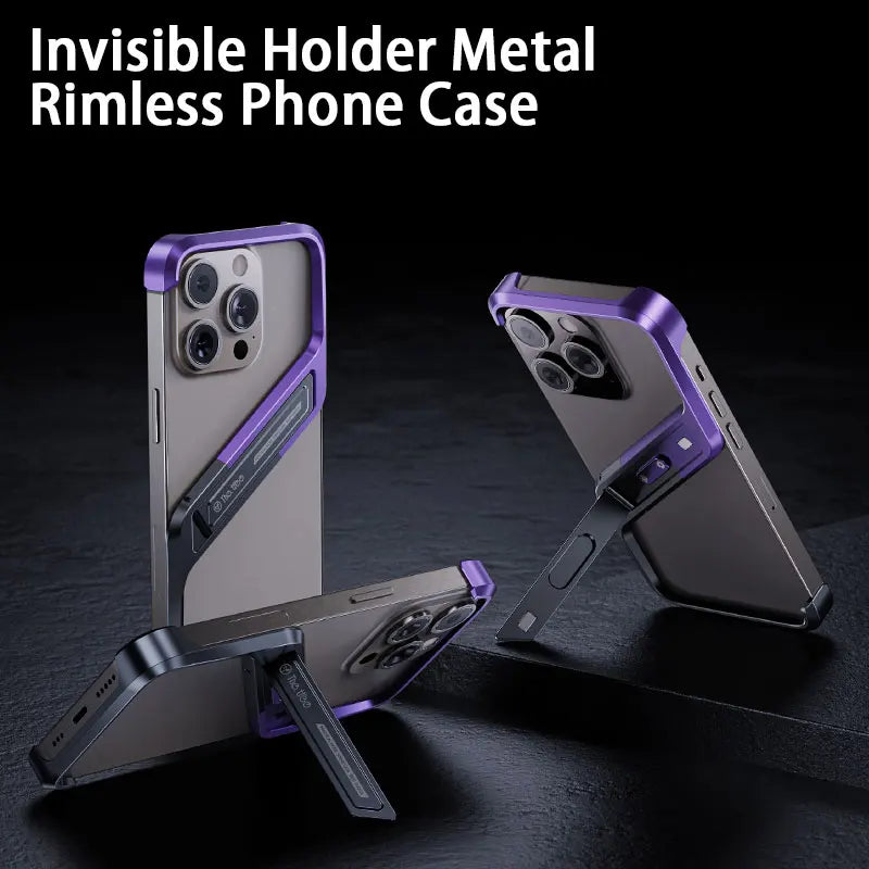 Metal Invisible Holder Phone Case For Iphone 14 15 16 Pro Max S Type Aluminum Rimless Phone Cover Heat Dissipation Stand Shell