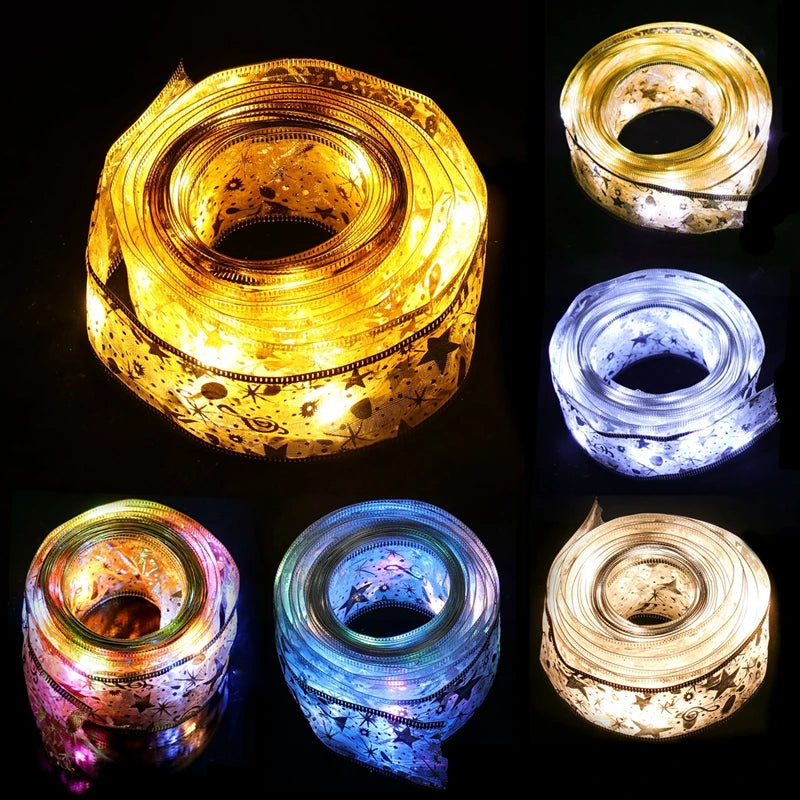 Christmas Ribbon Fairy Light String Merry Christmas Decorations For Home 2024 Xmas Tree Ornament Xmas Navidad Gift New Year 2025
