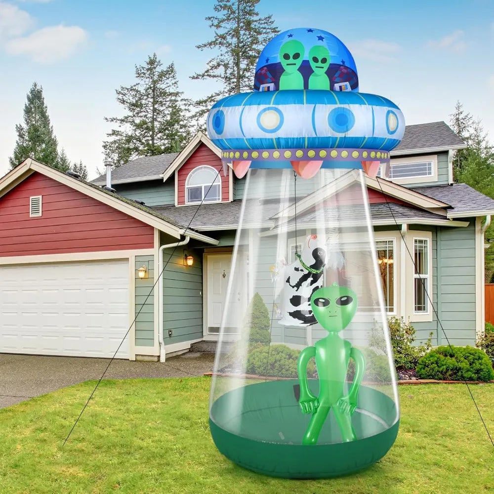 9 FT Halloween UFO Cow Alien Inflatable Yard Decor with LED Blow Up Inflatable Alien and Cow for Halloween Outdoor Yard Garden