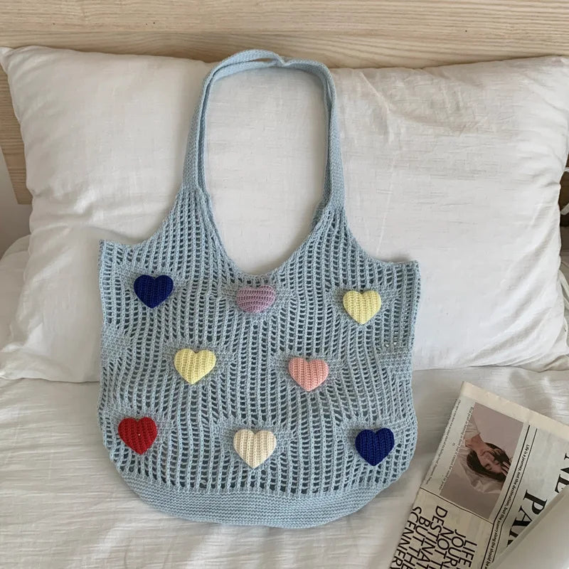 Retro Knitted Mesh Hollow Heart Weaving Ladies Versatile Single Shoulder Bag Woolen Handbag Shopping Bag Polyester Tote Bag