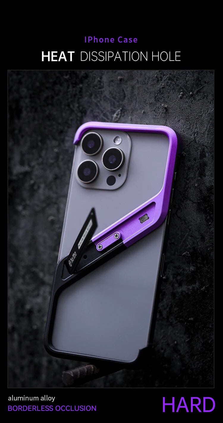 Metal Invisible Holder Phone Case For Iphone 14 15 16 Pro Max S Type Aluminum Rimless Phone Cover Heat Dissipation Stand Shell