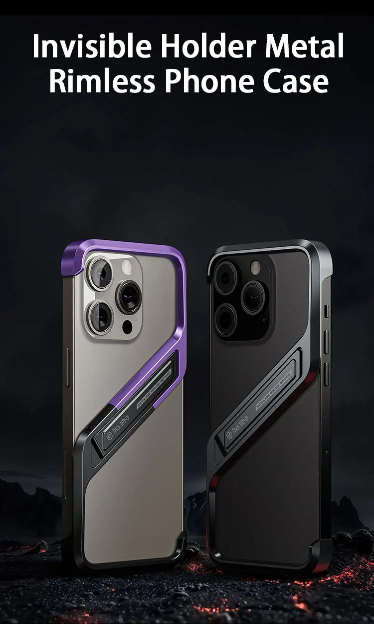 Metal Invisible Holder Phone Case For Iphone 14 15 16 Pro Max S Type Aluminum Rimless Phone Cover Heat Dissipation Stand Shell