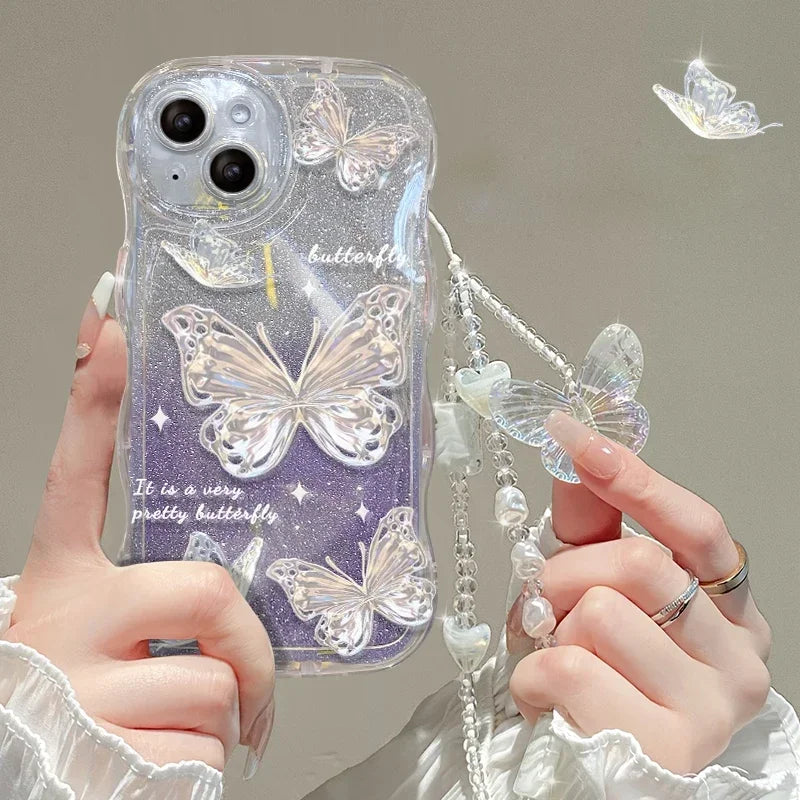 Glitter Butterfly Gradient Lanyard Case For iPhone 14 13 15 16 Pro Max 12 11 X Xr Xs 8 7 Plus Hand Wrist Chain Soft Wave Cover