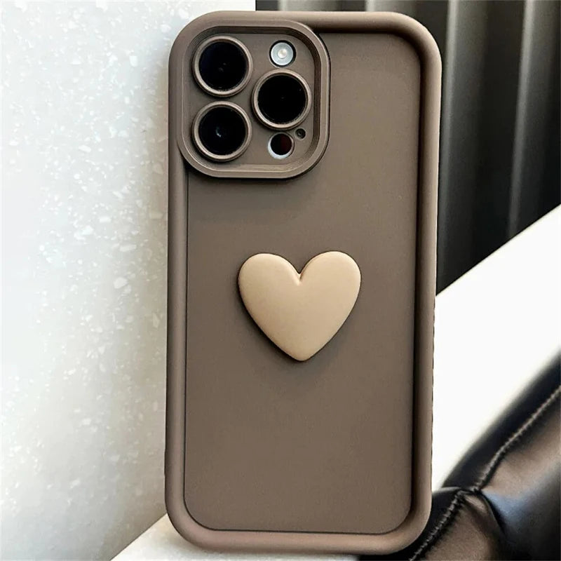 Cute INS Phone Case For iPhone 15 11 12 13 14 Pro Max XS XR 3D Love Heart Silicone Shockproof Candy Cover Brown Soft TPU Cases