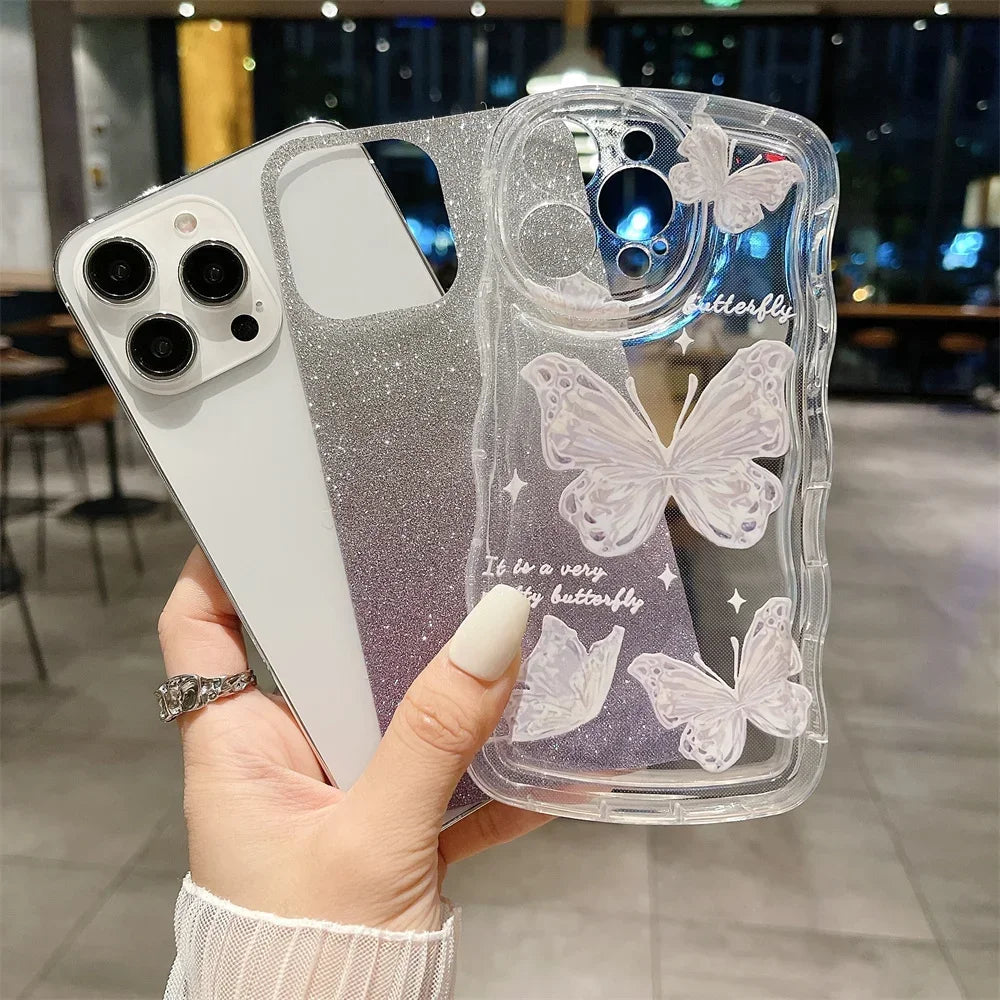 Glitter Butterfly Gradient Lanyard Case For iPhone 14 13 15 16 Pro Max 12 11 X Xr Xs 8 7 Plus Hand Wrist Chain Soft Wave Cover