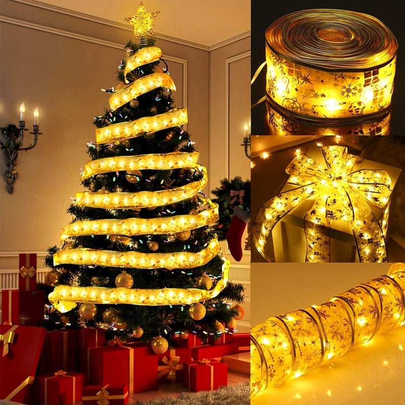 Christmas Ribbon Fairy Light String Merry Christmas Decorations For Home 2024 Xmas Tree Ornament Xmas Navidad Gift New Year 2025