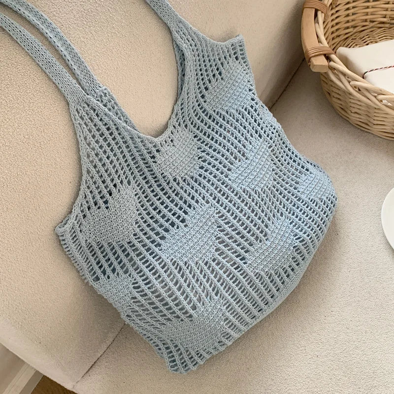 Retro Knitted Mesh Hollow Heart Weaving Ladies Versatile Single Shoulder Bag Woolen Handbag Shopping Bag Polyester Tote Bag
