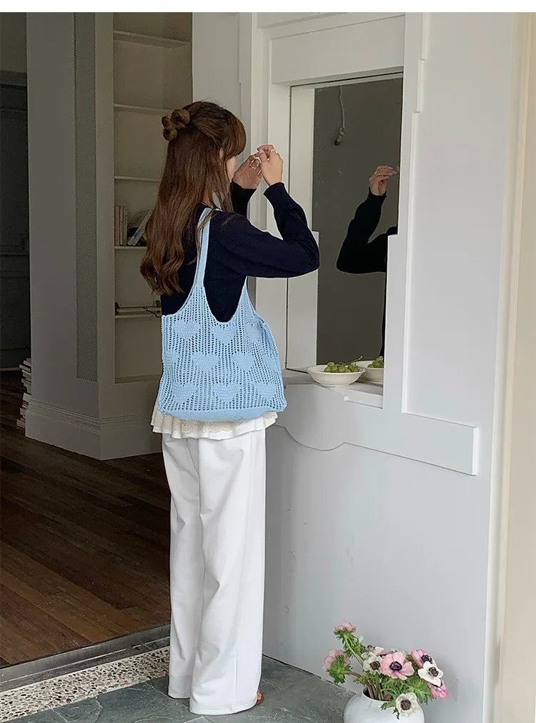 Retro Knitted Mesh Hollow Heart Weaving Ladies Versatile Single Shoulder Bag Woolen Handbag Shopping Bag Polyester Tote Bag