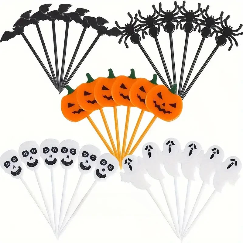 Mix Set Plastic Halloween Toothpicks Pumpkin Ghost Bat Fruit Fork Dessert Cocktail Cake Decoration Picks Halloween Party Supply