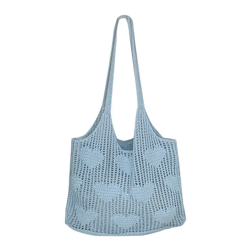 Retro Knitted Mesh Hollow Heart Weaving Ladies Versatile Single Shoulder Bag Woolen Handbag Shopping Bag Polyester Tote Bag