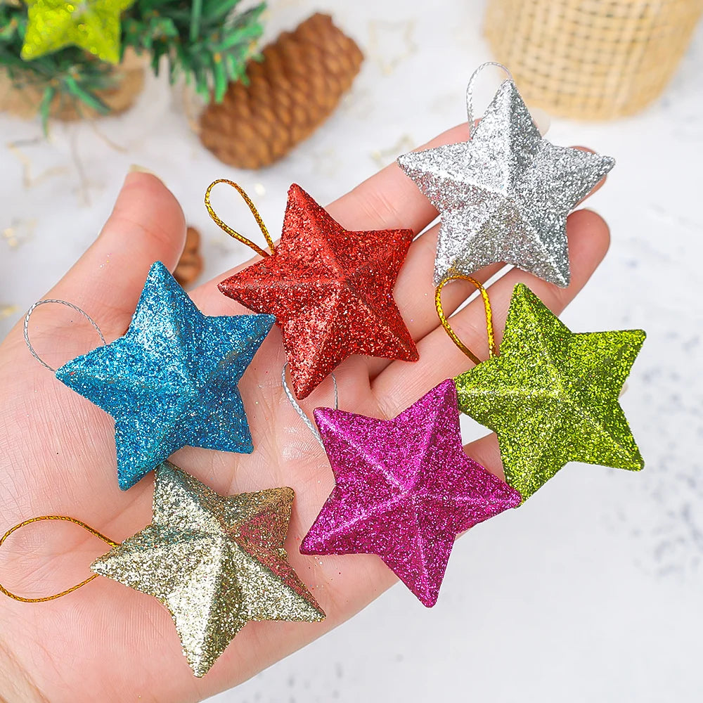 6/30PCS Christmas Glitter Star Pendant Xmas Tree Hanging Ornament Craft 5cm Plastic for Birthday Party Home Decoration Supplies