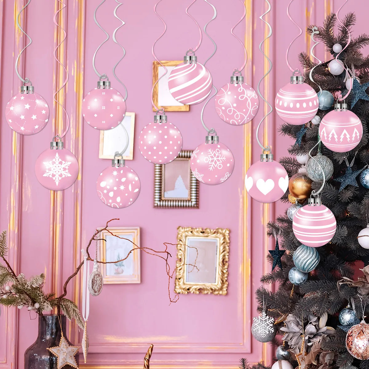 12pcs Pink Christmas Balls Hanging Swirls Decoration Xmas Party Decor Ornaments Holiday Supplies Christmas Tree Hanging Pendant