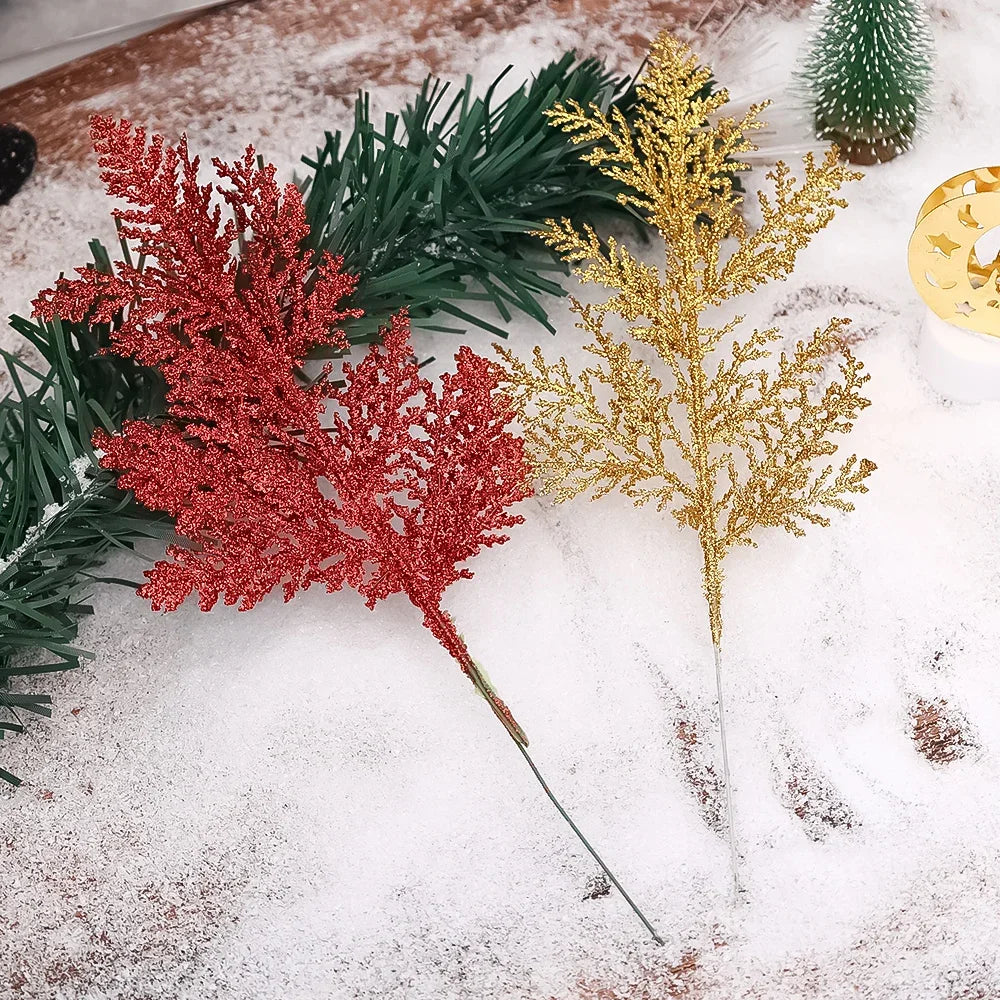 10/5Pcs Artificial Plants Pine Branches Christmas Glitter Gold Leaves Xmas Tree Decoration Pendant Christmas Home Decoration