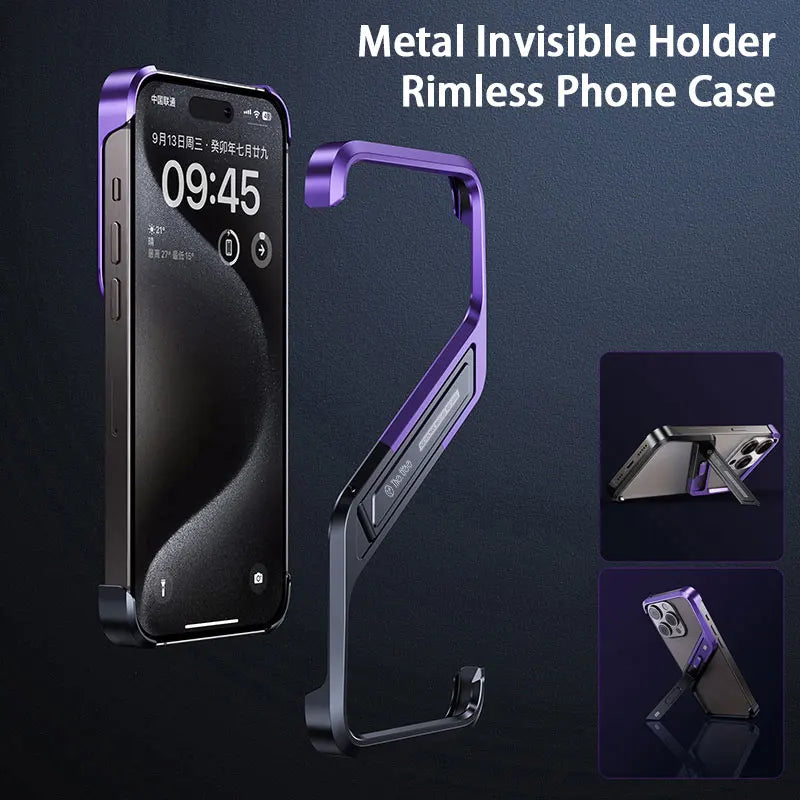 Metal Invisible Holder Phone Case For Iphone 14 15 16 Pro Max S Type Aluminum Rimless Phone Cover Heat Dissipation Stand Shell