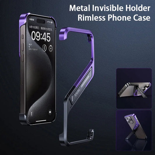 Metal Invisible Holder Phone Case For Iphone 14 15 16 Pro Max S Type Aluminum Rimless Phone Cover Heat Dissipation Stand Shell