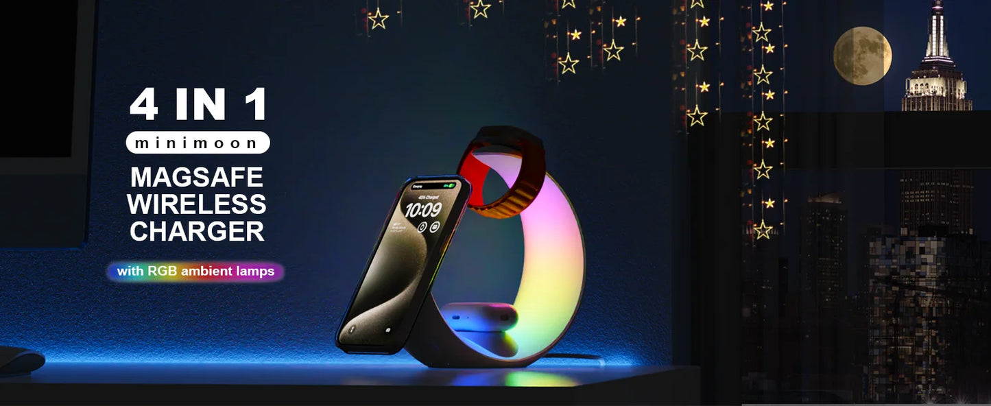 MagSafe Wireless Charger Air Pods Apple Watch Moon Phone Holder Night Light RGB Bedroom Office Home For iPhone Samsung iWatch