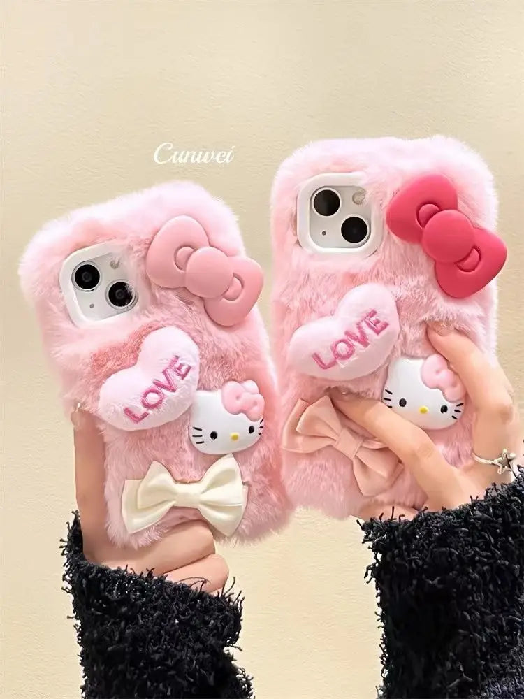 Sanrio Cute Love 3D Bow Hello Kitty Plush Phone Case For iPhone 15 14 13 12 11 Pro Max Mini XR XS MAX 8 X XS 7 SE Plus Cover