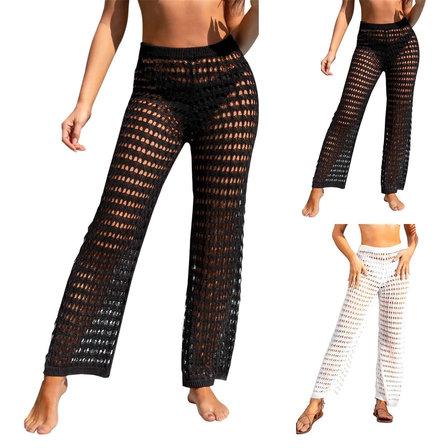 Ladies Hollowed Out Beach Pants Knitted Bikini High-Waist Casual Trousers Summer Lightweight Slacks For Woman Ropa Mujer