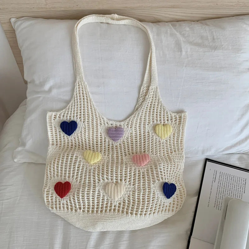 Retro Knitted Mesh Hollow Heart Weaving Ladies Versatile Single Shoulder Bag Woolen Handbag Shopping Bag Polyester Tote Bag