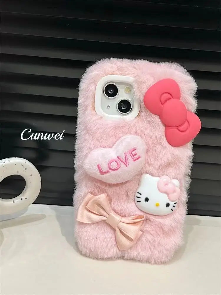 Sanrio Cute Love 3D Bow Hello Kitty Plush Phone Case For iPhone 15 14 13 12 11 Pro Max Mini XR XS MAX 8 X XS 7 SE Plus Cover