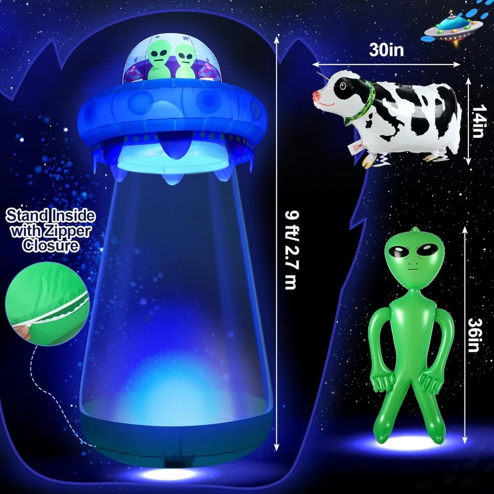 9 FT Halloween UFO Cow Alien Inflatable Yard Decor with LED Blow Up Inflatable Alien and Cow for Halloween Outdoor Yard Garden