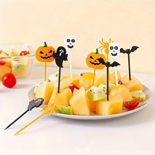 Mix Set Plastic Halloween Toothpicks Pumpkin Ghost Bat Fruit Fork Dessert Cocktail Cake Decoration Picks Halloween Party Supply