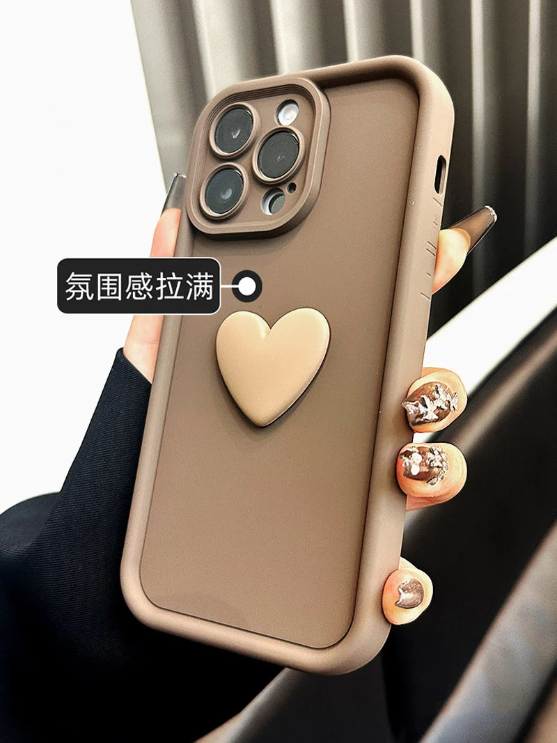 Cute INS Phone Case For iPhone 15 11 12 13 14 Pro Max XS XR 3D Love Heart Silicone Shockproof Candy Cover Brown Soft TPU Cases