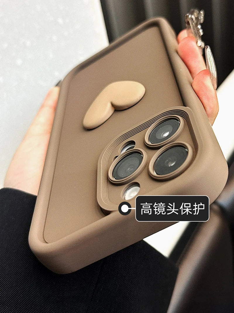 Cute INS Phone Case For iPhone 15 11 12 13 14 Pro Max XS XR 3D Love Heart Silicone Shockproof Candy Cover Brown Soft TPU Cases
