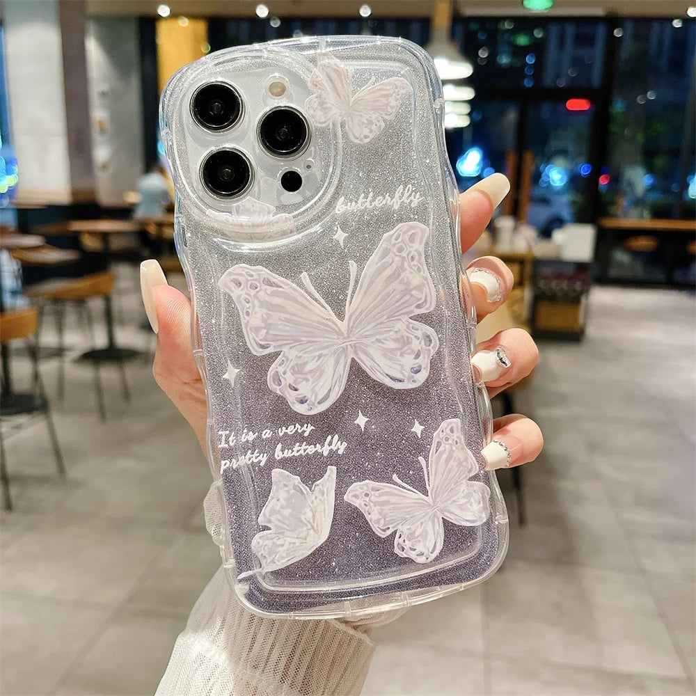 Glitter Butterfly Gradient Lanyard Case For iPhone 14 13 15 16 Pro Max 12 11 X Xr Xs 8 7 Plus Hand Wrist Chain Soft Wave Cover