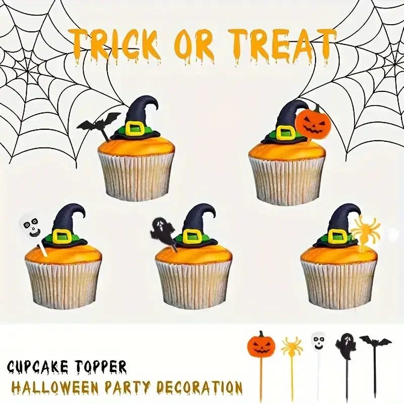 Mix Set Plastic Halloween Toothpicks Pumpkin Ghost Bat Fruit Fork Dessert Cocktail Cake Decoration Picks Halloween Party Supply
