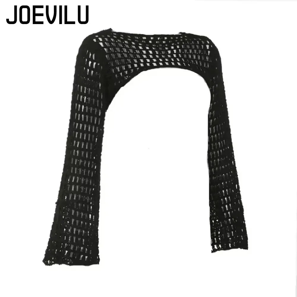 Summer Crochet Knit Hollow Out Crop Top Women Y2k Sexy Blouse Shirts Long Flared Sleeve Sweater Cover Ups Streetwear Pullovers