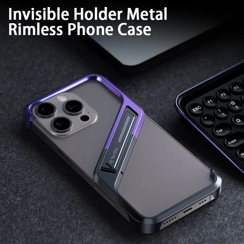 Metal Invisible Holder Phone Case For Iphone 14 15 16 Pro Max S Type Aluminum Rimless Phone Cover Heat Dissipation Stand Shell