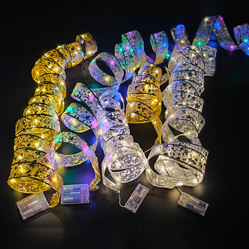 2024 LED Colouful Fairy Ribbon Lights Holiday Christmas Decoration Liquidation Ribbon for Christmas Tree Diy Christmas Tree