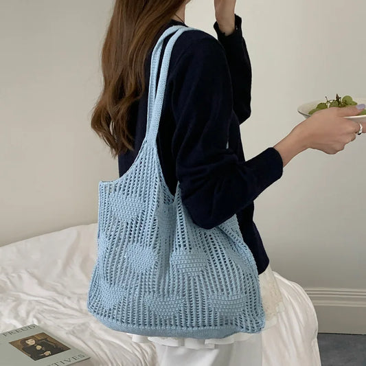 Retro Knitted Mesh Hollow Heart Weaving Ladies Versatile Single Shoulder Bag Woolen Handbag Shopping Bag Polyester Tote Bag