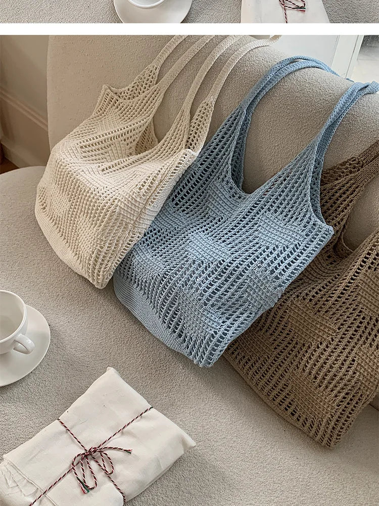 Retro Knitted Mesh Hollow Heart Weaving Ladies Versatile Single Shoulder Bag Woolen Handbag Shopping Bag Polyester Tote Bag