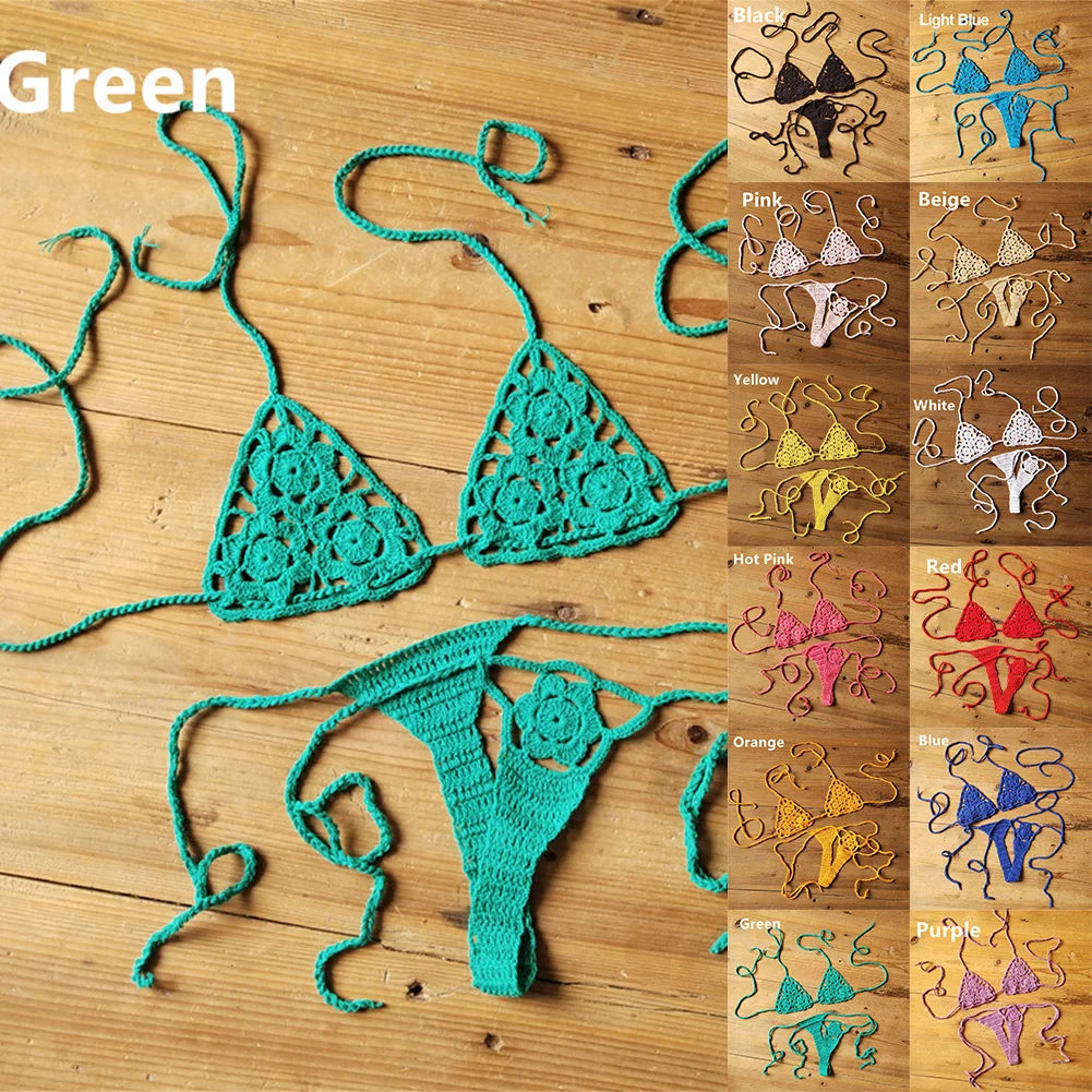 Women Sexy Handmade Bikini Sets Crochet Flower Solid Color Lace Thong String Swimwear Sunbathing Swimsuit Beach Wear Lace-up
