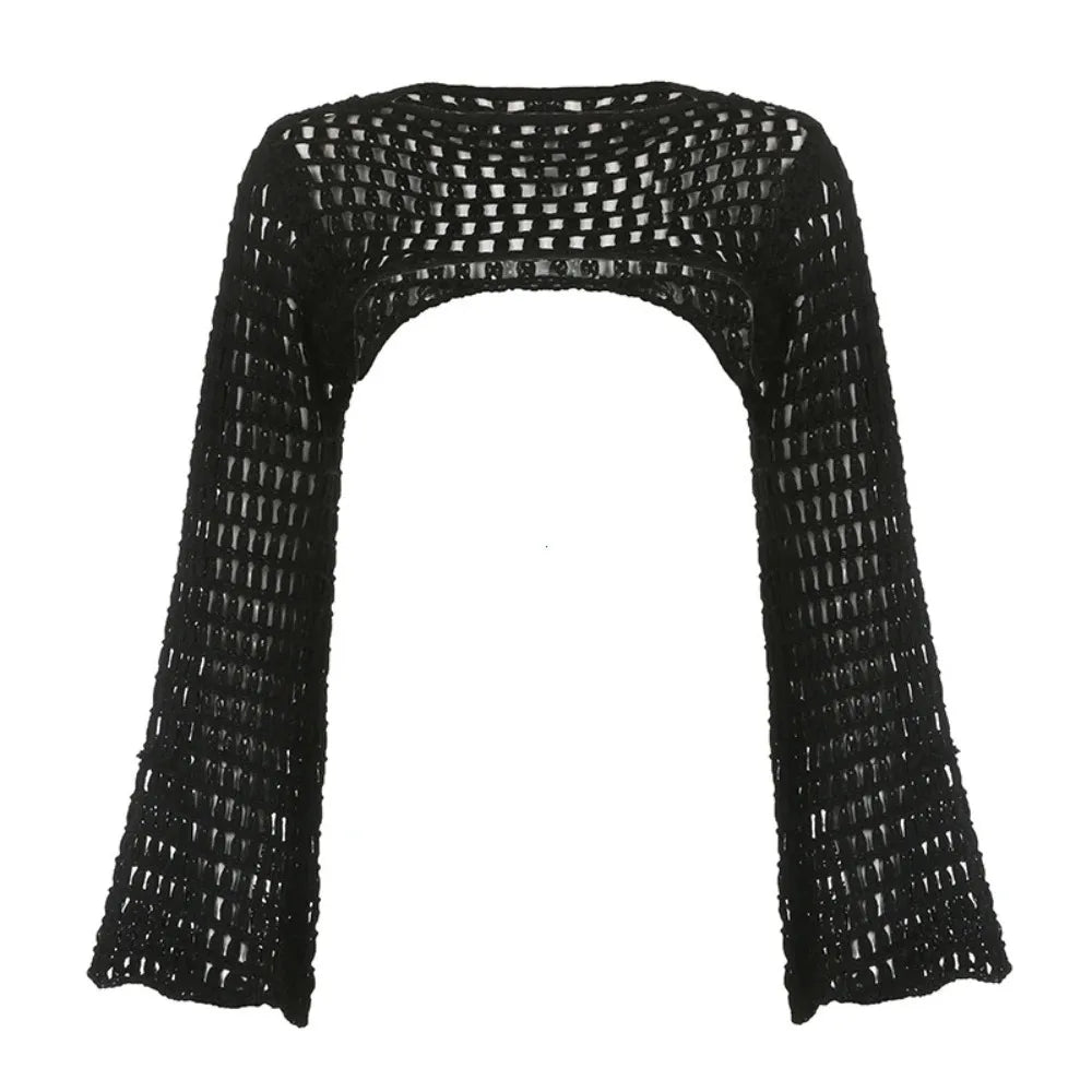 Summer Crochet Knit Hollow Out Crop Top Women Y2k Sexy Blouse Shirts Long Flared Sleeve Sweater Cover Ups Streetwear Pullovers