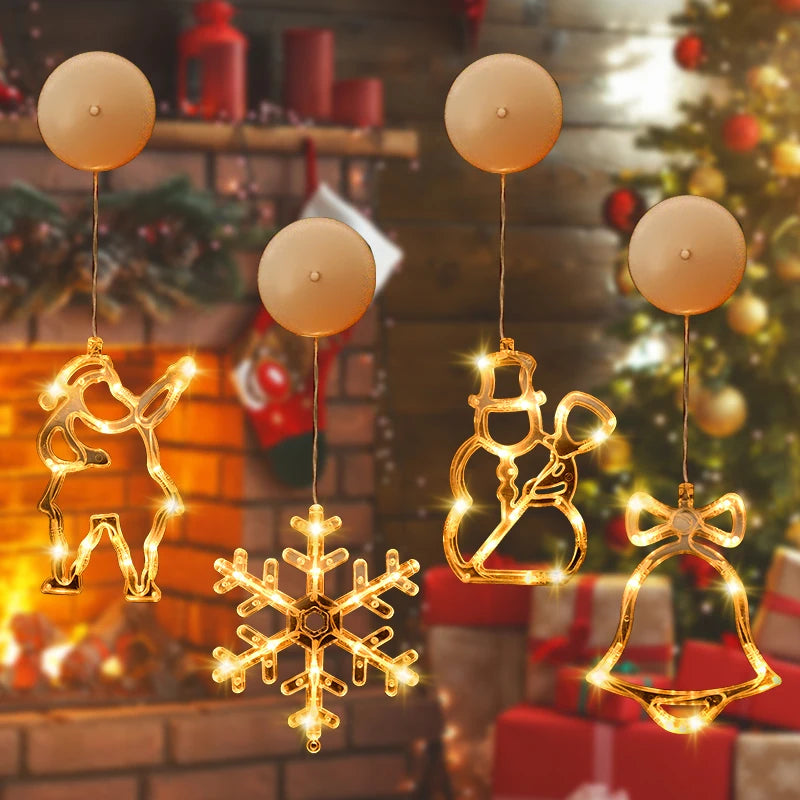 Christmas LED Light Snowflake Santa Deer Hanging Sucker Lamp Window Ornaments Decoration for Home Navidad 2023 New Year Decor