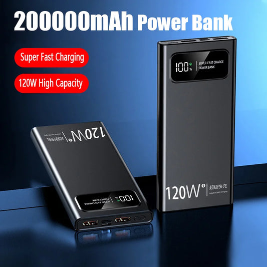 200000mAh Power Bank 120W Super Fast Charging High Capacity Battery Digital Display Power Bank For iphone Huawei Xiaomi Samsung
