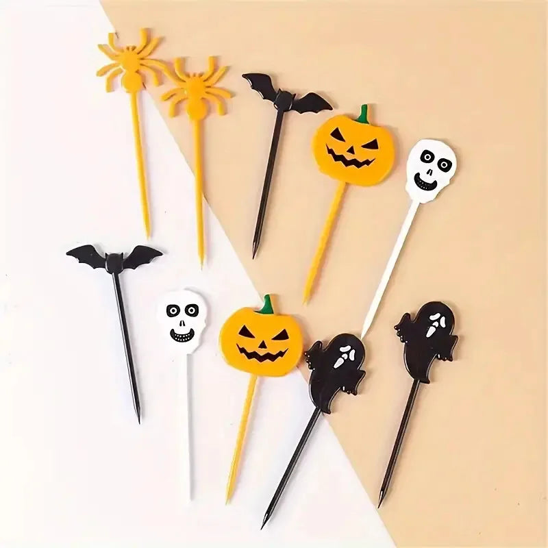 Mix Set Plastic Halloween Toothpicks Pumpkin Ghost Bat Fruit Fork Dessert Cocktail Cake Decoration Picks Halloween Party Supply