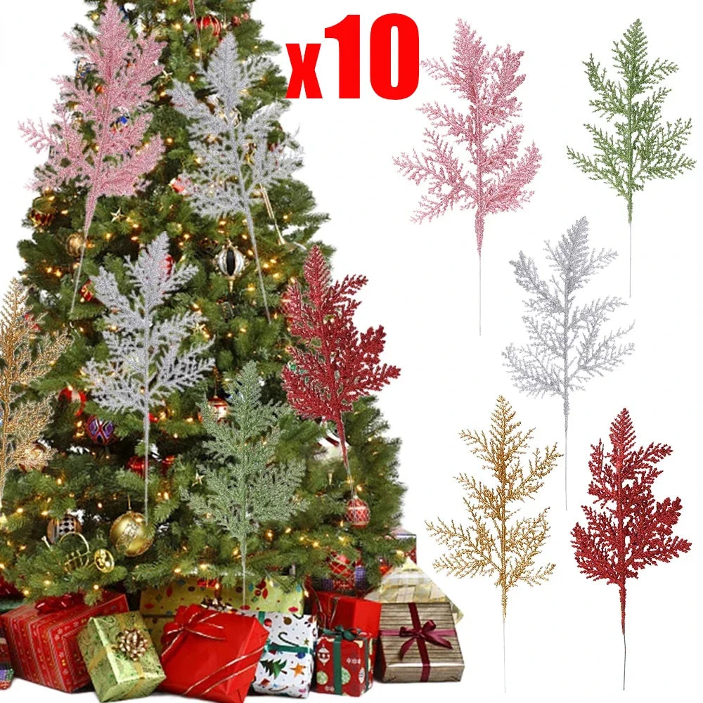 10/5Pcs Artificial Plants Pine Branches Christmas Glitter Gold Leaves Xmas Tree Decoration Pendant Christmas Home Decoration