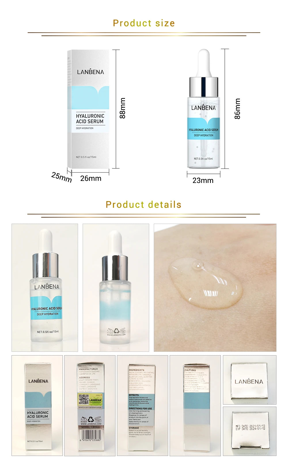 LANBENA 15ml Hyaluronic Acid Face Serum Deep Hydration Moisturizing Essence Skin Tightening Anti Aging Whitening Moisturizer